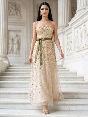 Elagant Strapless Gold Sequin Evening Gown with Olive Ribbon Size 4